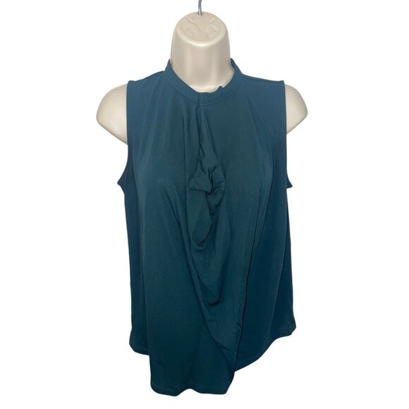 ANN TAYLOR PETITE Womens Medium Petite Dark Green Sleeveless Ruffle Front Blouse - Picture 1 of 11